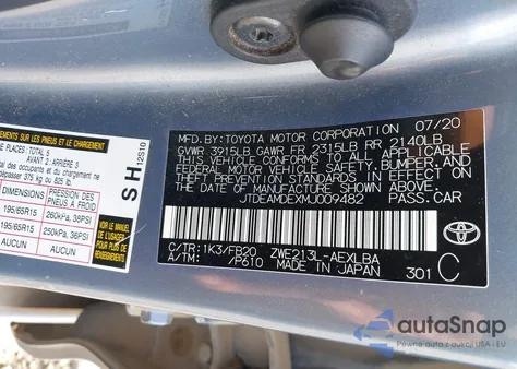 2021 Toyota Corolla Hybrid Le из США, поврежденный, VIN JTDEAMDEXMJ009482